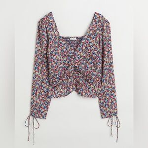 H&M Multicolor Floral Ruched Square-Neck Long Sleeve Crop Top